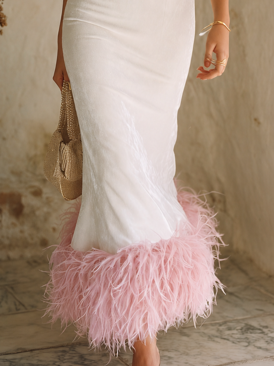 Resort-style Square Neck Sleeveless Fishtail Feather Hem Maxi Dress