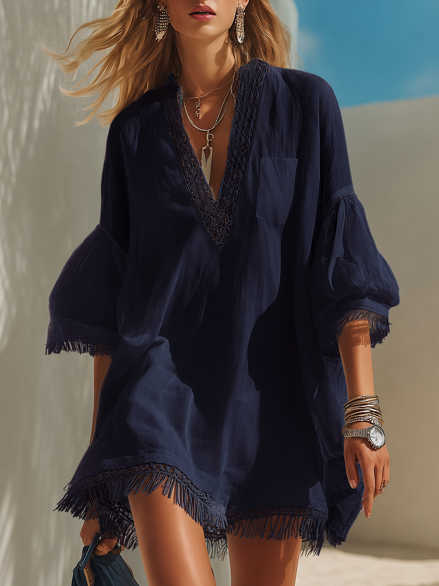Boho Cotton Linen Mini Dress for Women – Tassel | Lunemuse