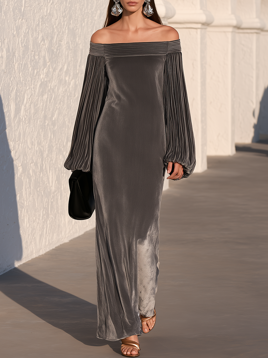 Elegant Evening Off-Shoulder Pleated Bishop Sleeve Velvet Maxi Dress