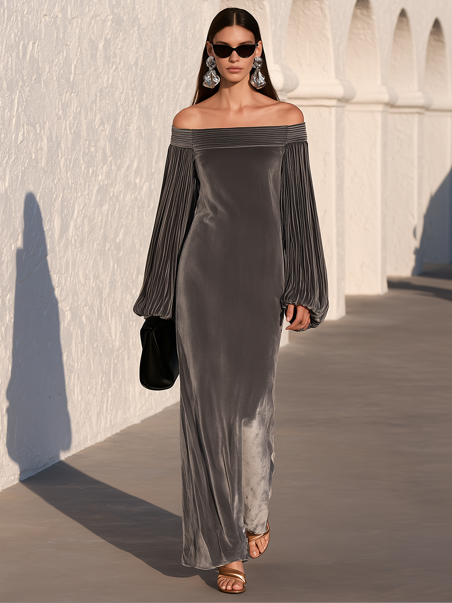 Elegant Evening Off-Shoulder Pleated Bishop Sleeve Velvet Maxi Dress