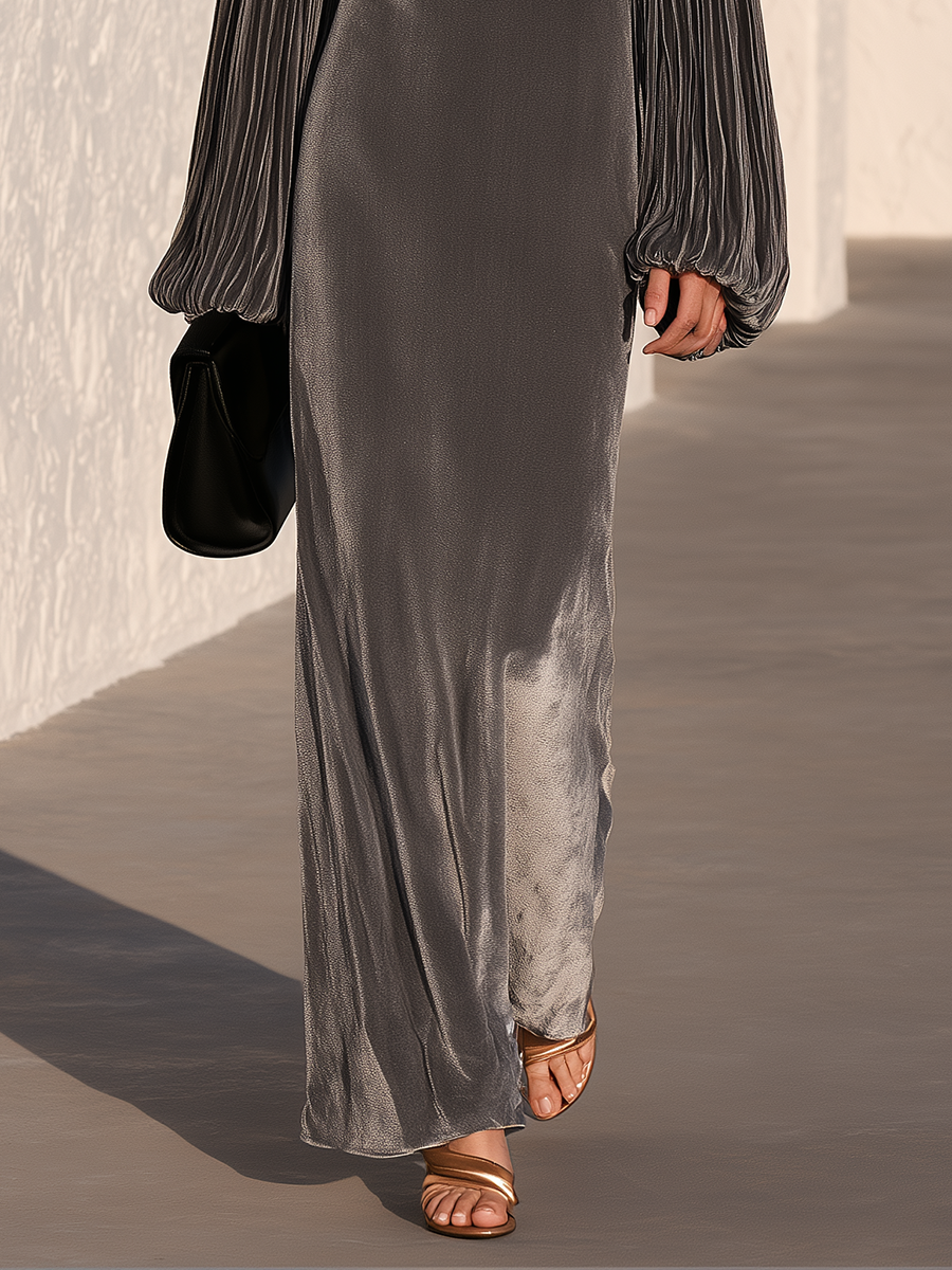Elegant Evening Off-Shoulder Pleated Bishop Sleeve Velvet Maxi Dress