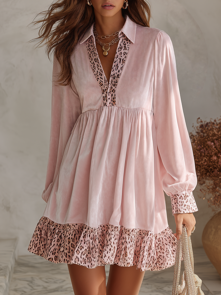 Resort-style Collar And Leopard-print Paneling Long-sleeve Velvet Mini Dress