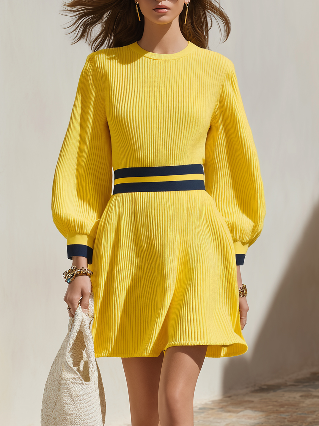 Cote Vibe Bright Yellow Ribbed Knit Balloon Sleeve Mini Dress