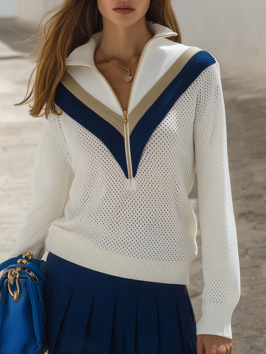 Old Money Ivory Open-Knit Contrast Chevron Half-Zip Resort Knit Top