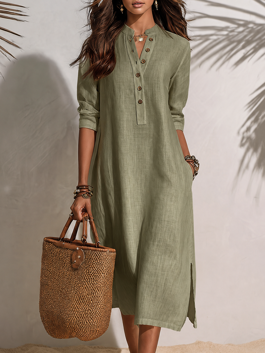 Vacation-style Short-sleeve Button-front Midi Dress