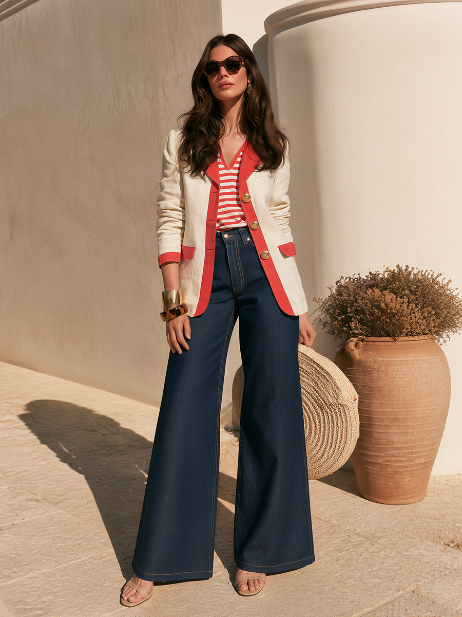 Old Money Color-Block Contrast Trim Gold Buttons Blazer