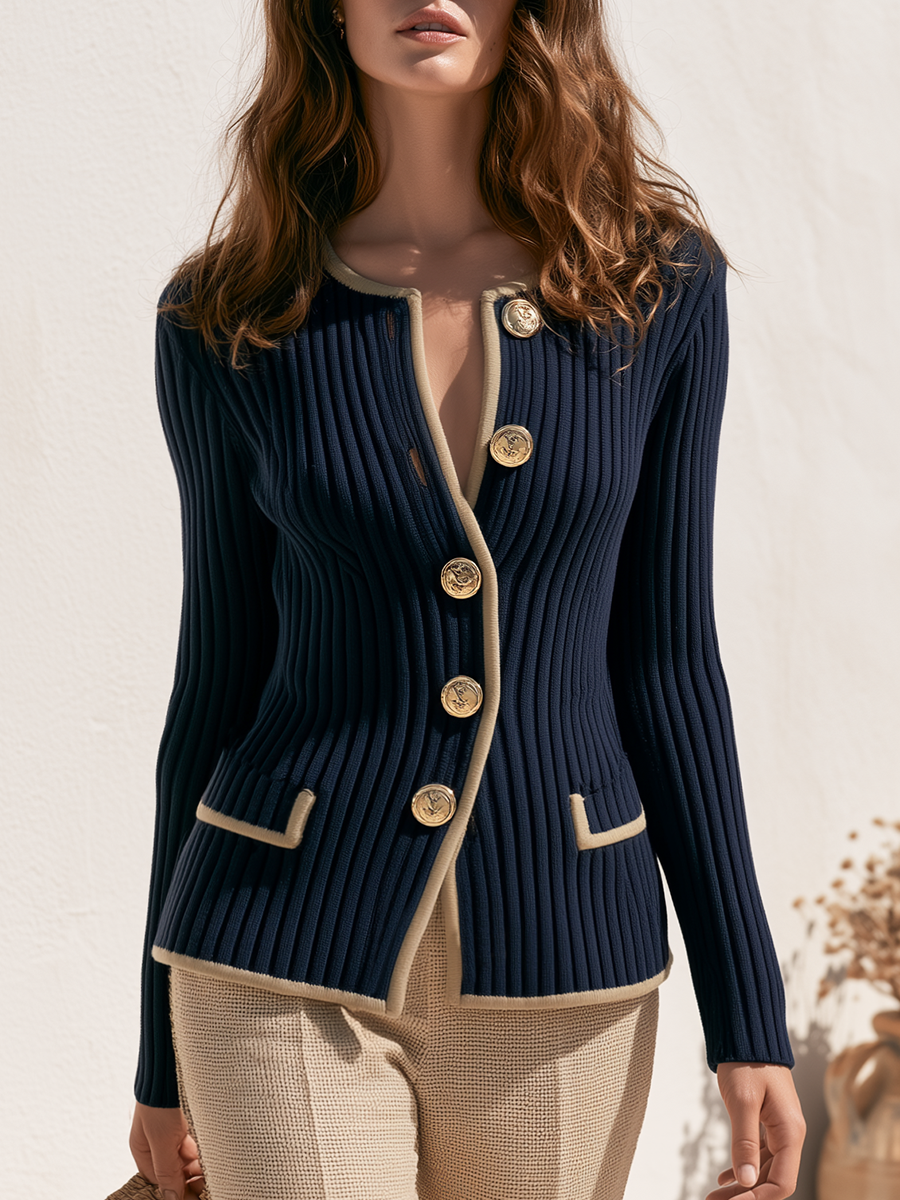 Old Money Contrast Trim Crew-Neck Dark Blue Knit Top