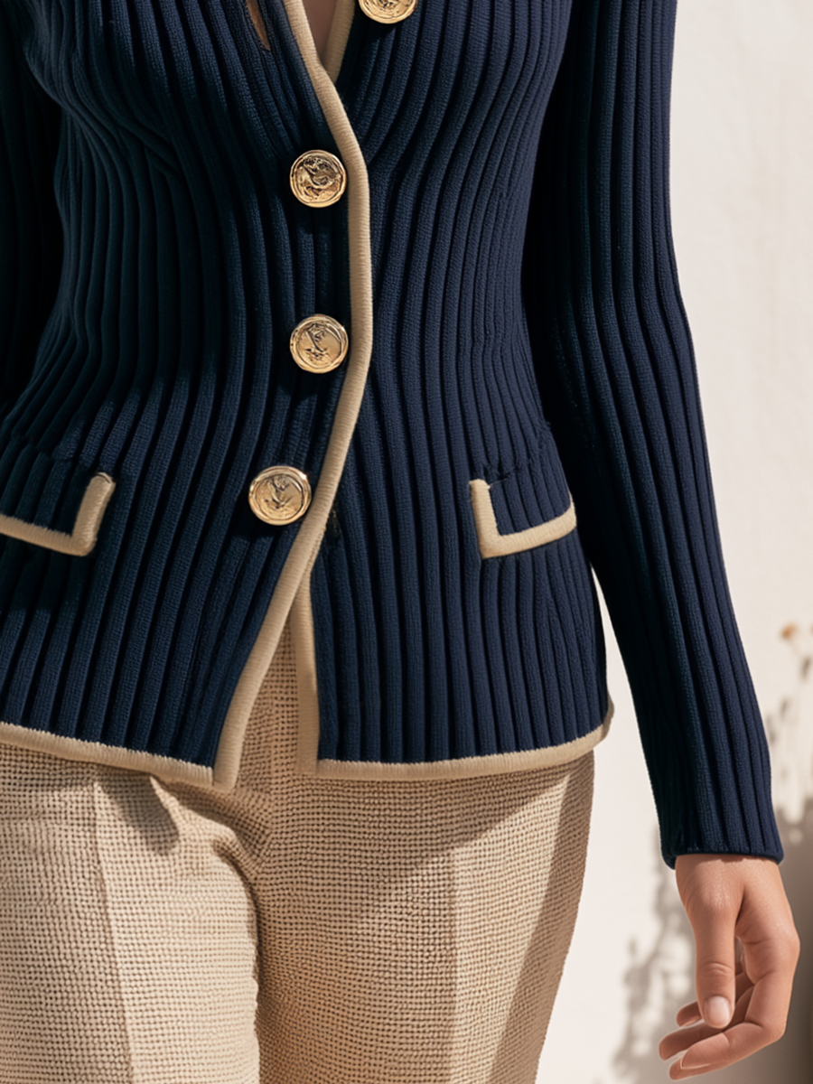 Old Money Contrast Trim Crew-Neck Dark Blue Knit Top