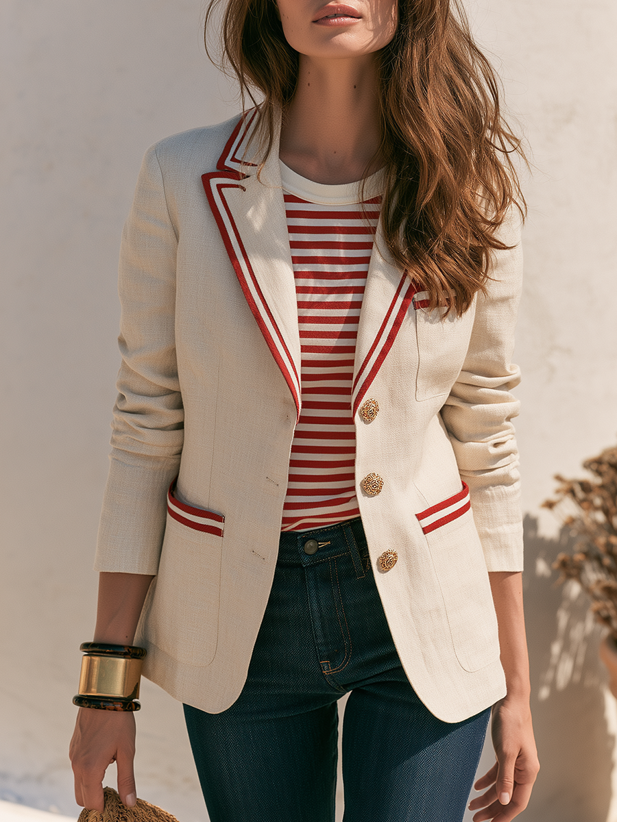 Old Money Contrasting Trim Beige Blazer