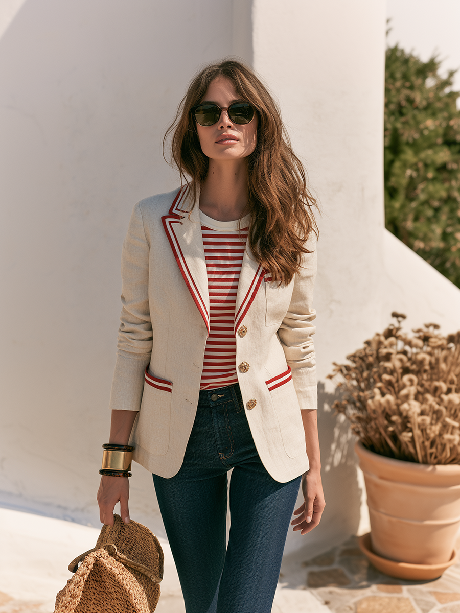 Old Money Contrasting Trim Beige Blazer
