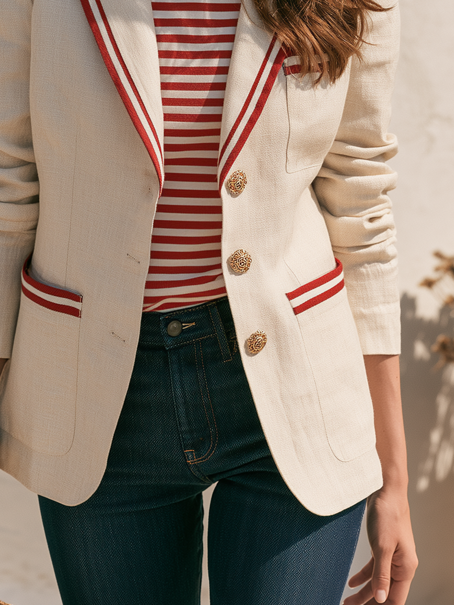 Old Money Contrasting Trim Beige Blazer