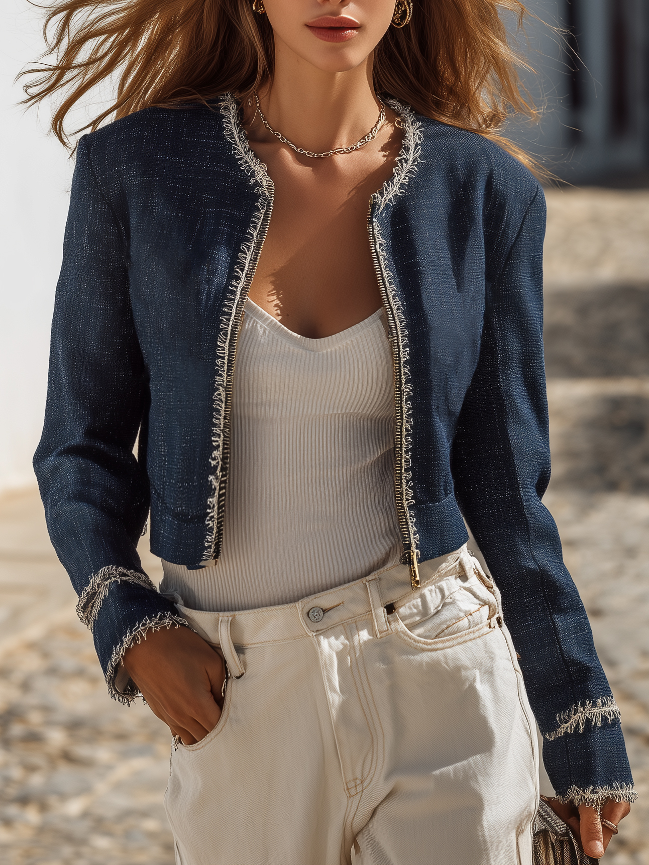 Santorini Vibe Navy Fringe Trim Tweed Zip Up Cropped Jacket