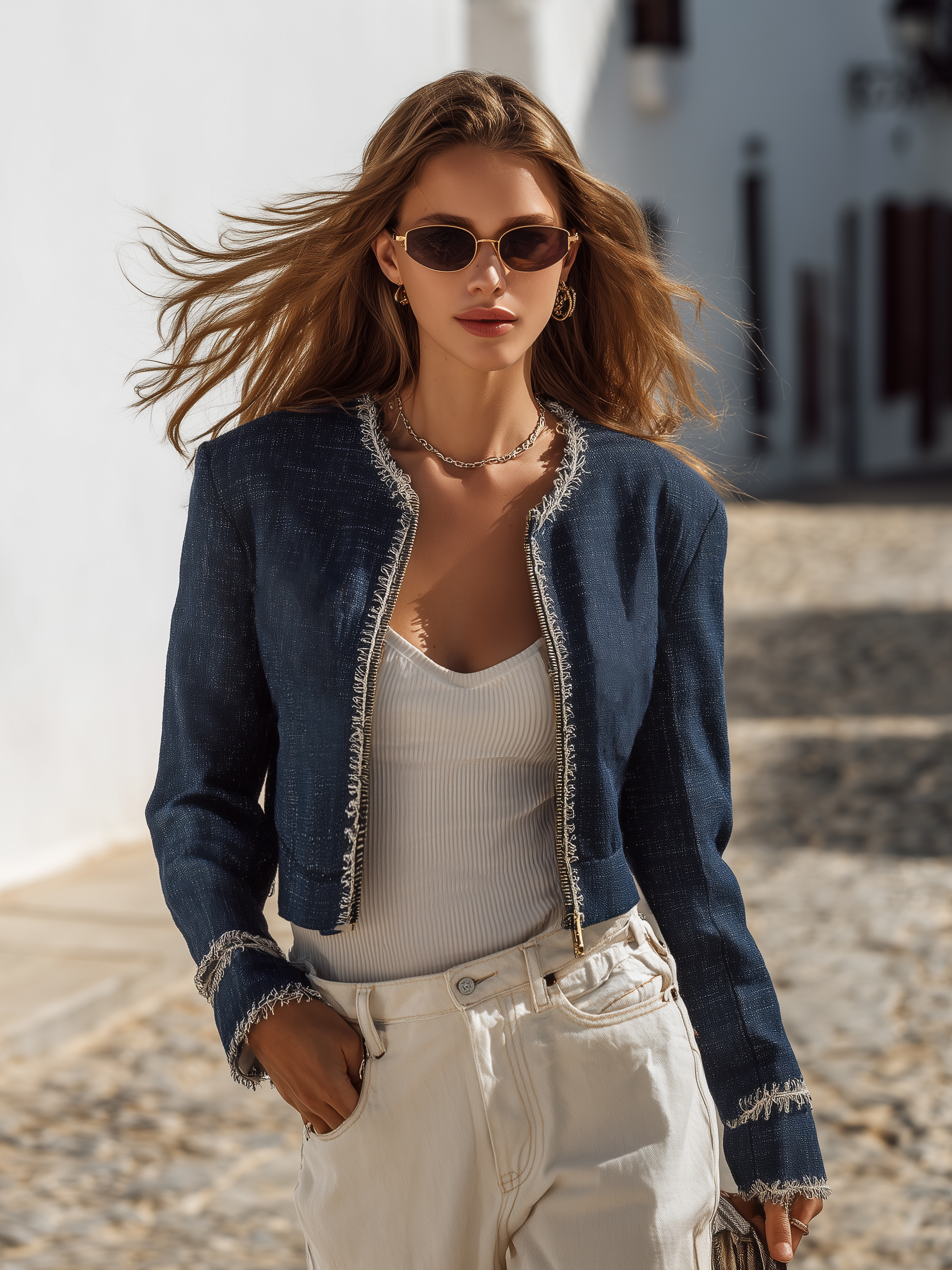 Santorini Vibe Navy Fringe Trim Tweed Zip Up Cropped Jacket
