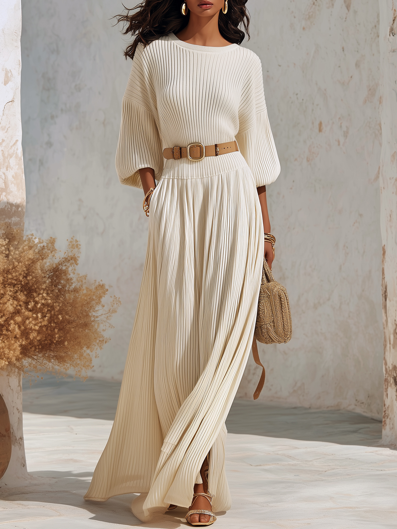 Capri Vibe Cream Ribbed Knit Puff Sleeve Belted Maxi Dress