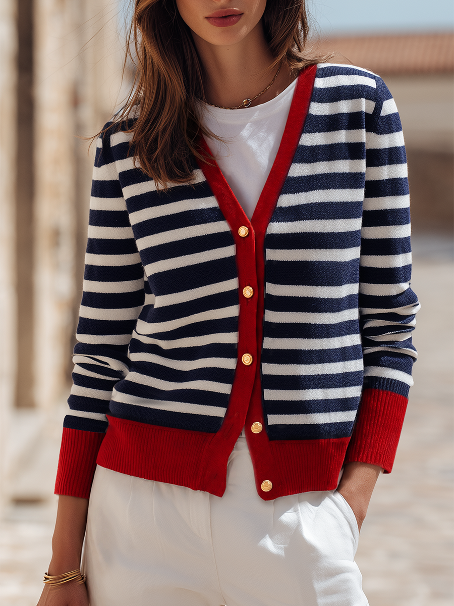 Nautical Navy And Ivory Stripe Contrast-Trim Gold-Button Knit Resort Cardigan
