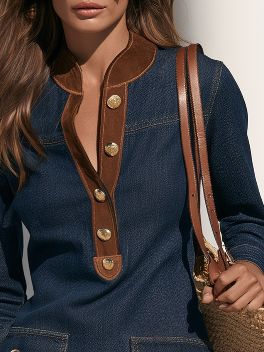 Retro Color-Block Collar Denim Mini Dress