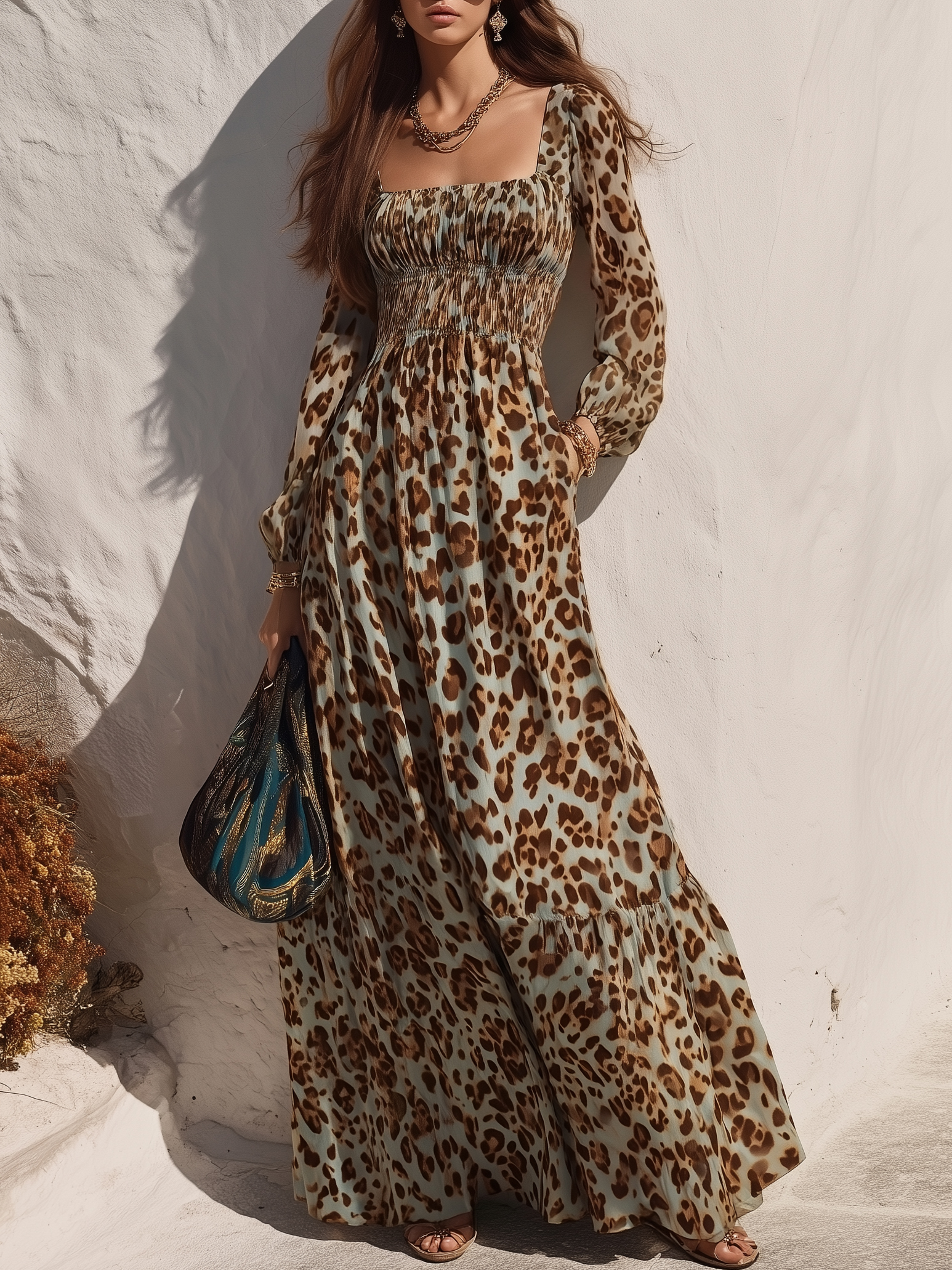 Capri Vibe Mint Base Leopard Print Square Neck Fall Maxi Dress