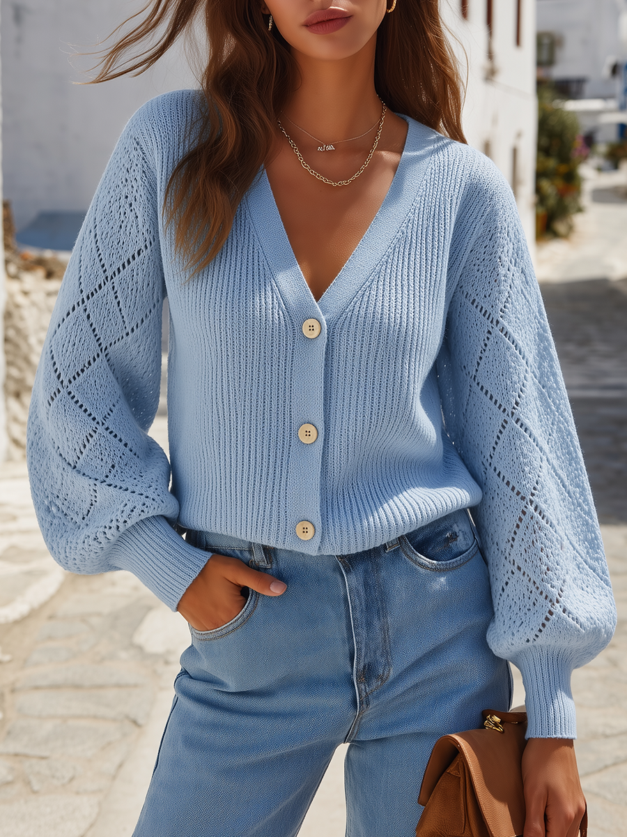 Sky Blue Pointelle Balloon Sleeve Button-Front Lightweight Resort Knit Cardigan