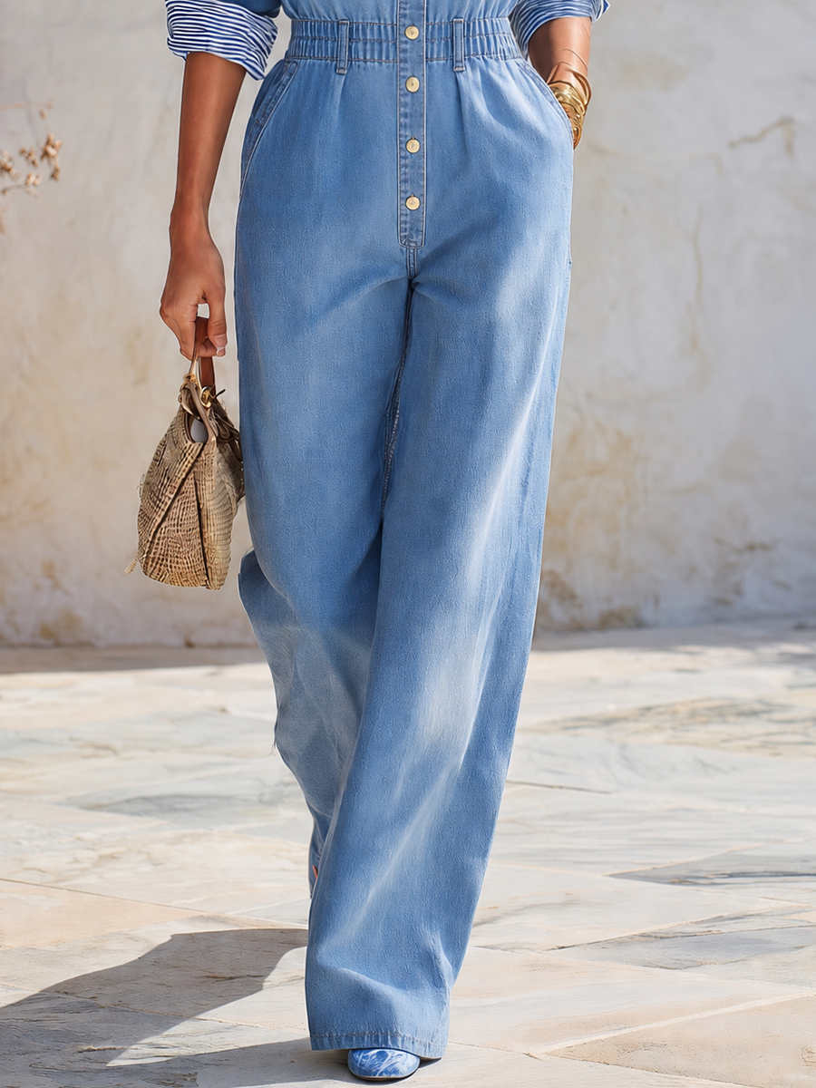 Resort-style Striped Patchwork Denim Collar Jumpsuit