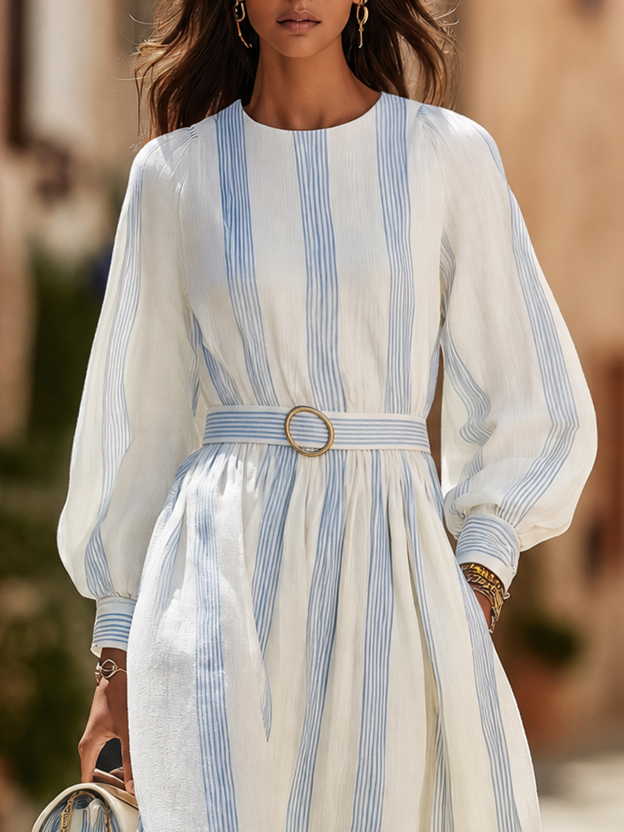 Resort-style Round Neck Long Sleeve Striped A-line Maxi Dress