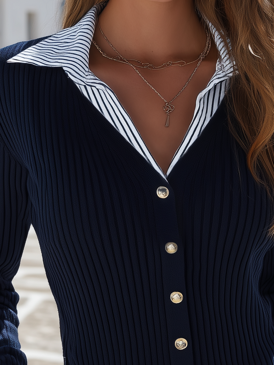Navy Ribbed Contrast-Collar Gold-Button Slim-Fit Resort Knit Cardigan