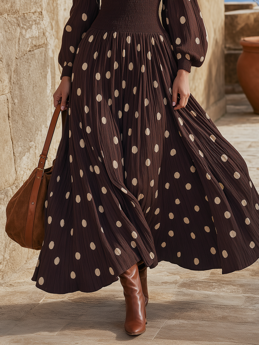 Coastal Chic Polka-Dot Long Sleeve Knit And Chiffon Brown Maxi Dress
