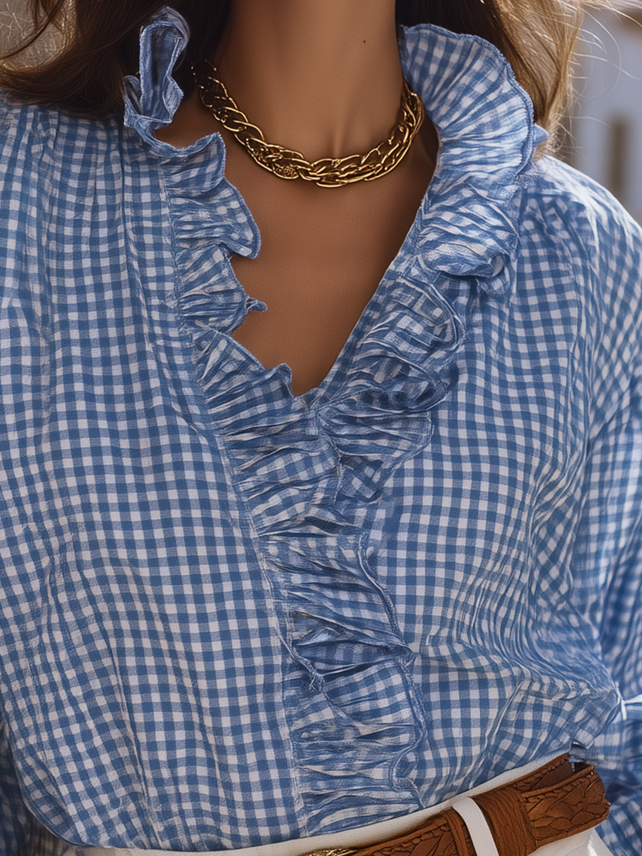 Sky Blue Gingham Ruffle-Trim V-Neck Balloon Sleeve Resort Shirt