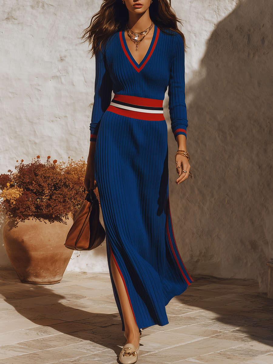 Resort-style V-neck Color-blocked Striped Long-sleeved Maxi Dress