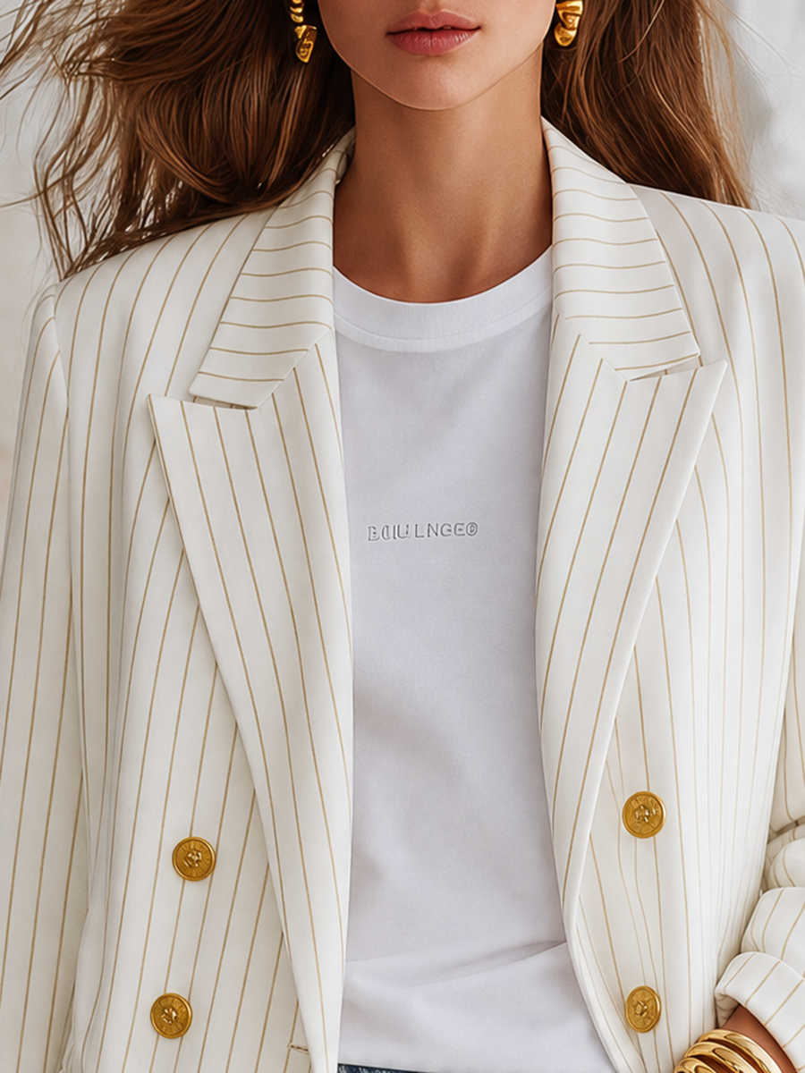Resort-style Striped Long-sleeved Lapel Blazer