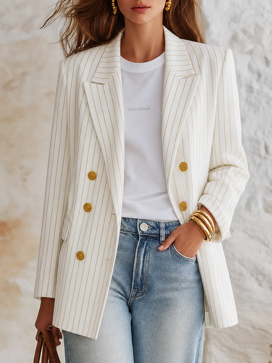 Resort-style Striped Long-sleeved Lapel Blazer