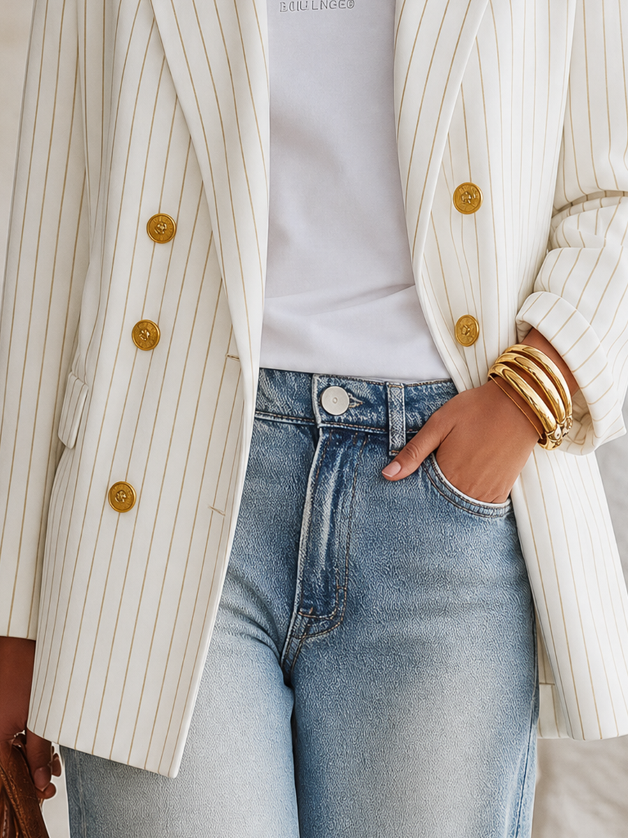 Resort-style Striped Long-sleeved Lapel Blazer