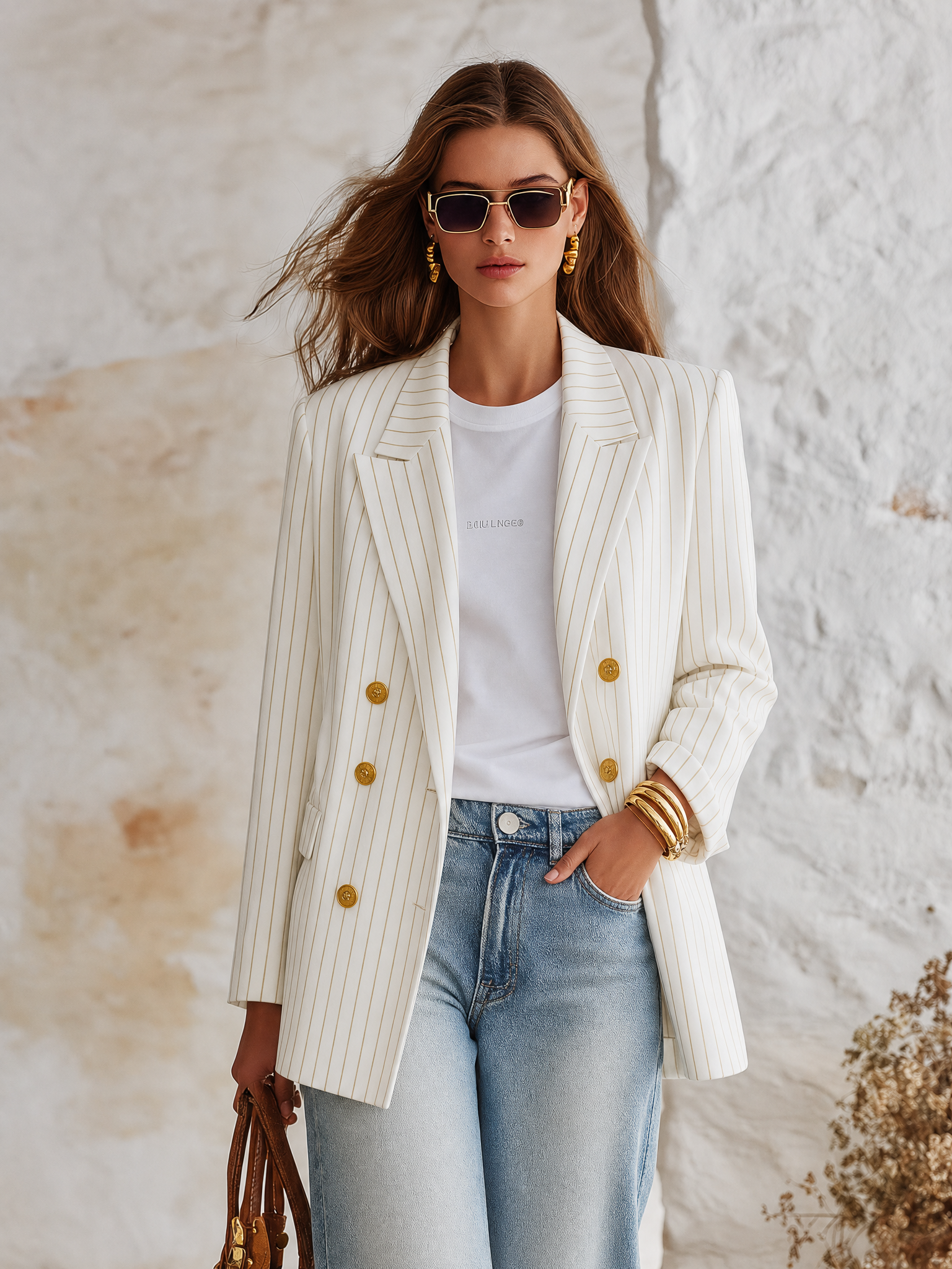 Resort-style Striped Long-sleeved Lapel Blazer
