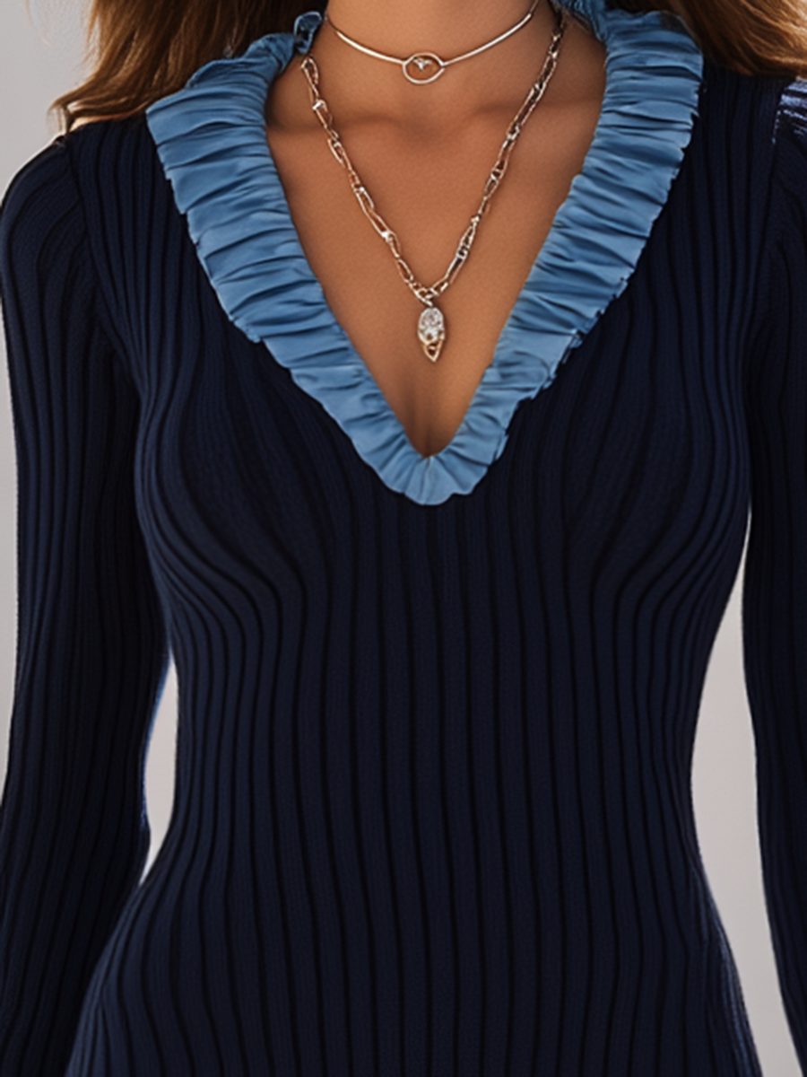 Midnight Navy Contrast-Ruffle V-Neck Bodycon Long Sleeve Resort Knit Midi Dress