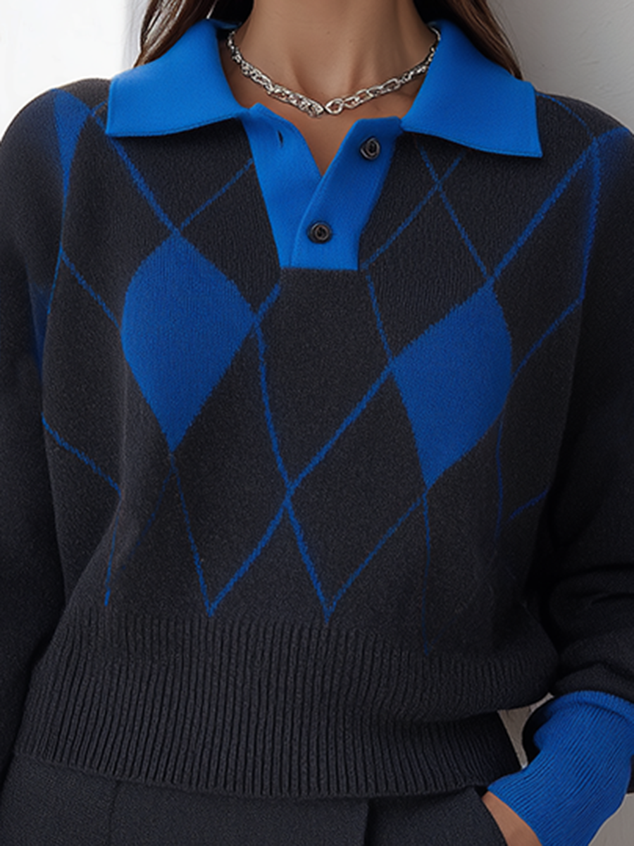 Midnight Navy And Cobalt Argyle Polo-Collar Contrast-Cuff Soft Knit Sweater