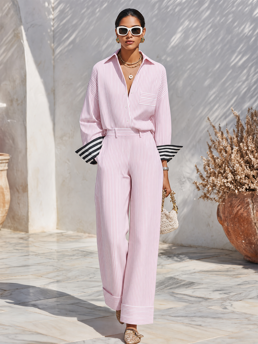 Resort-style Collared Long-sleeved Color-blocked Striped Cuff Top And Trousers Set