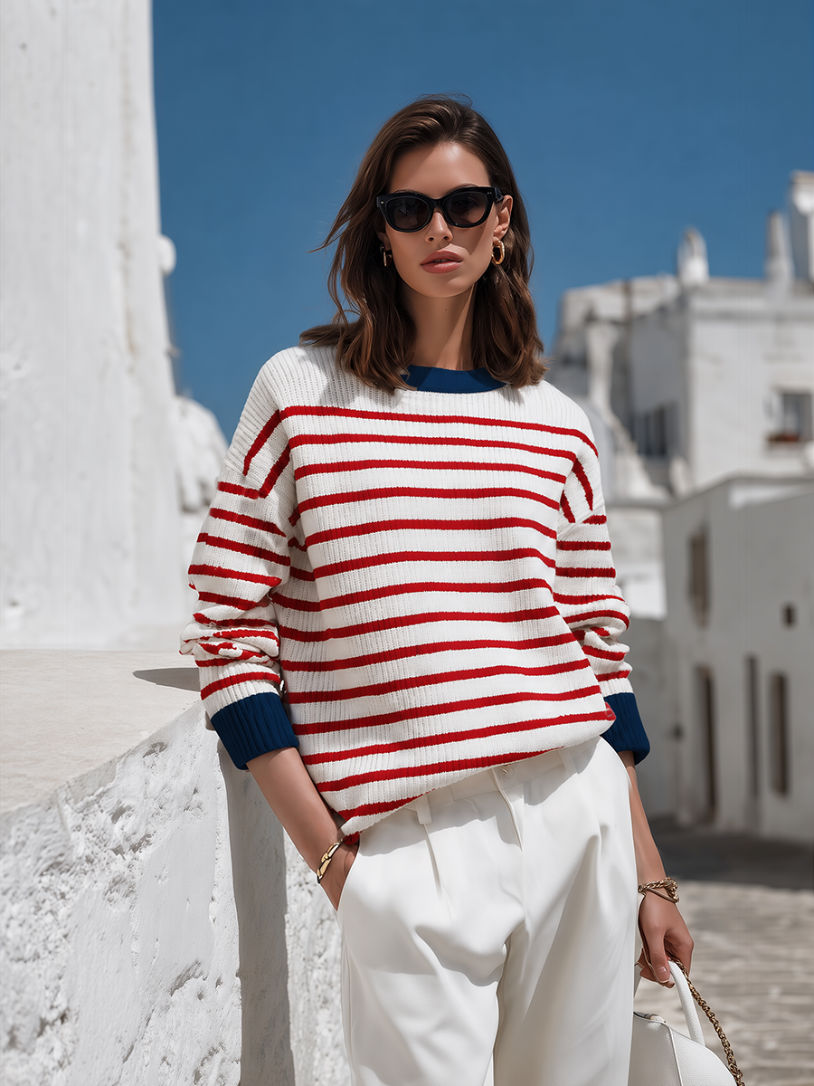 Nautical White And Red Stripe Contrast-Cuff Crew-Neck Relaxed Fit Knit Sweater