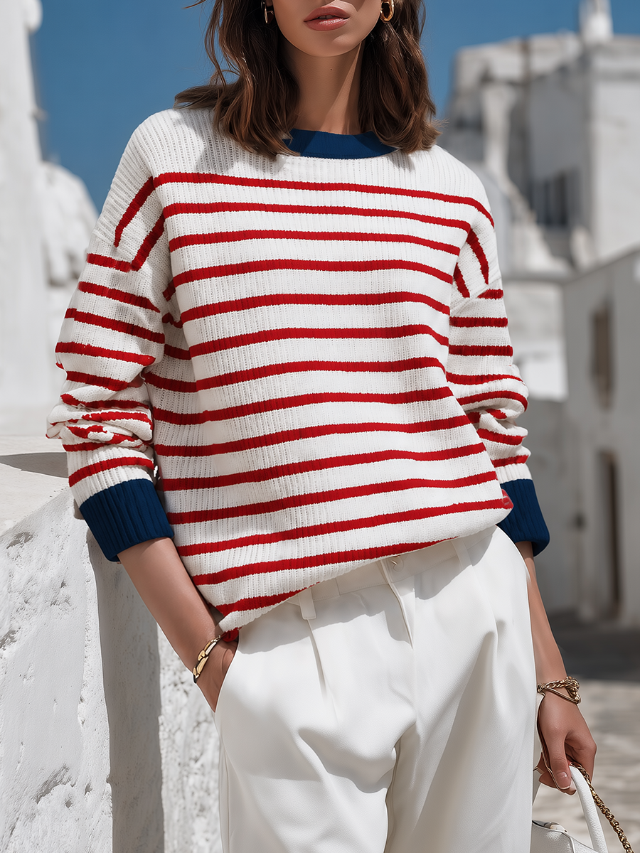Nautical White And Red Stripe Contrast-Cuff Crew-Neck Relaxed Fit Knit Sweater