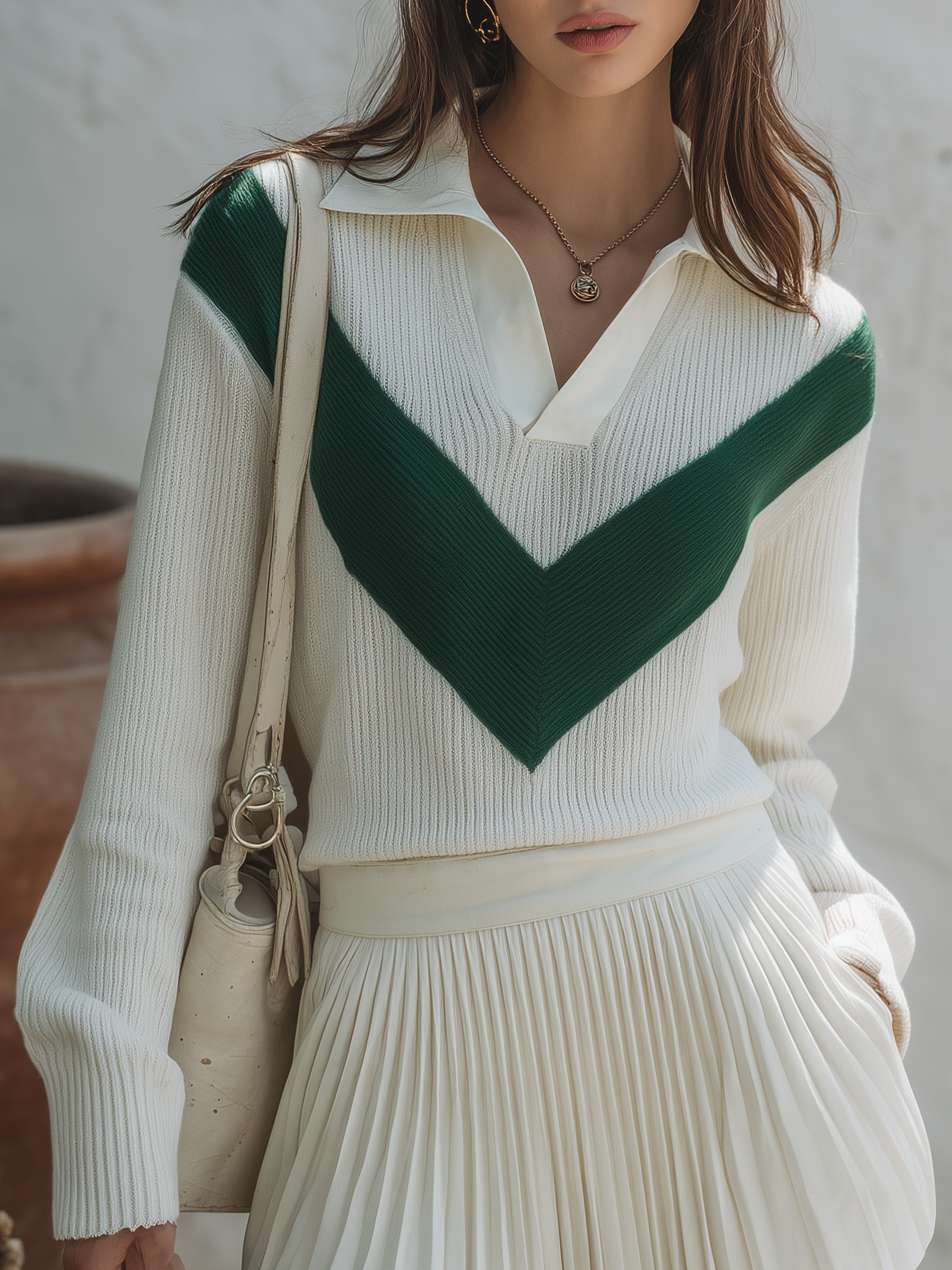 Old Money Resort Vibe Off‑White Green Chevron Knit Top Pleated SkIrt Two‑Piece Set