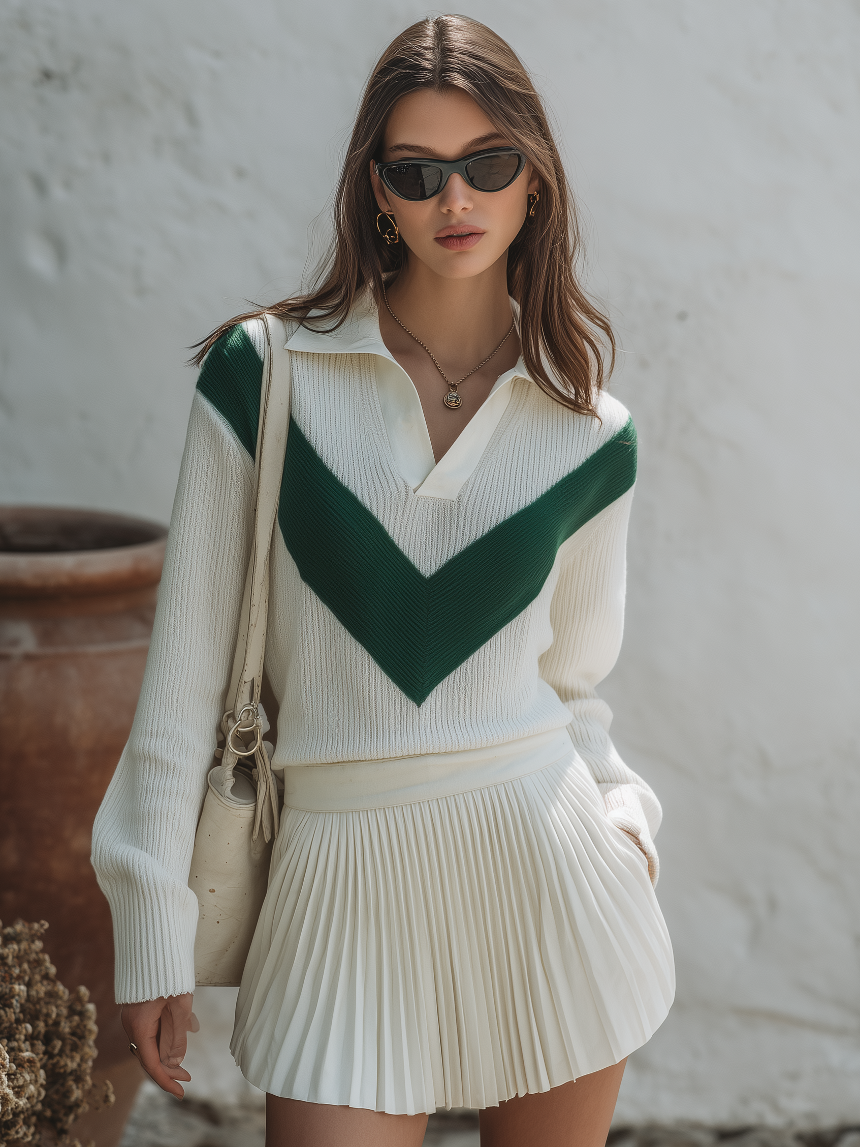 Old Money Resort Vibe Off‑White Green Chevron Knit Top Pleated SkIrt Two‑Piece Set