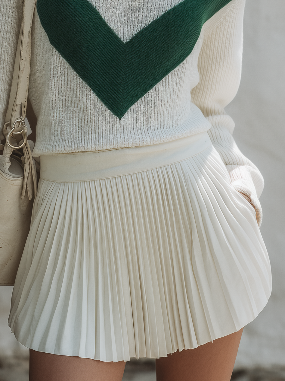 Old Money Resort Vibe Off‑White Green Chevron Knit Top Pleated SkIrt Two‑Piece Set