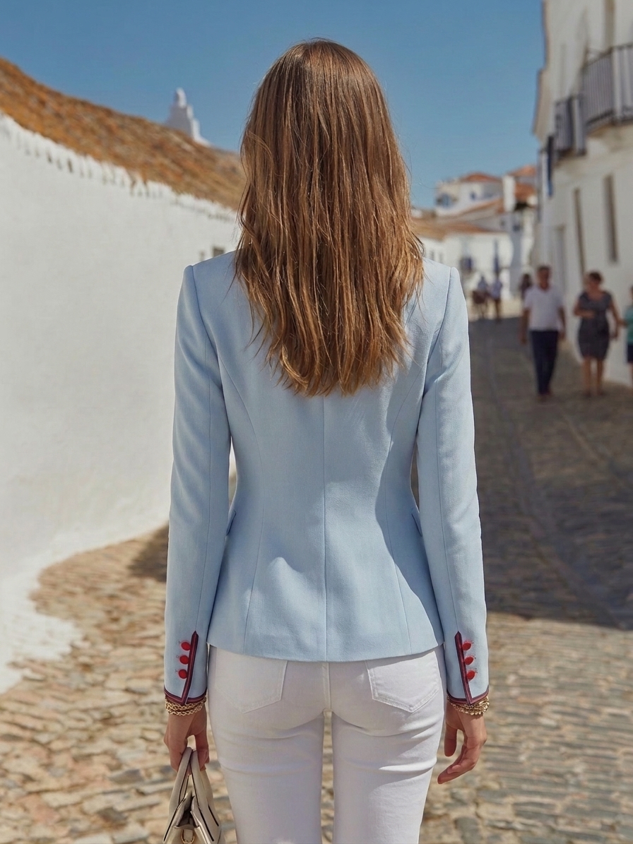 Old Money Resort Style Light Blue Contrast Piping Stand Collar Fitted Blazer