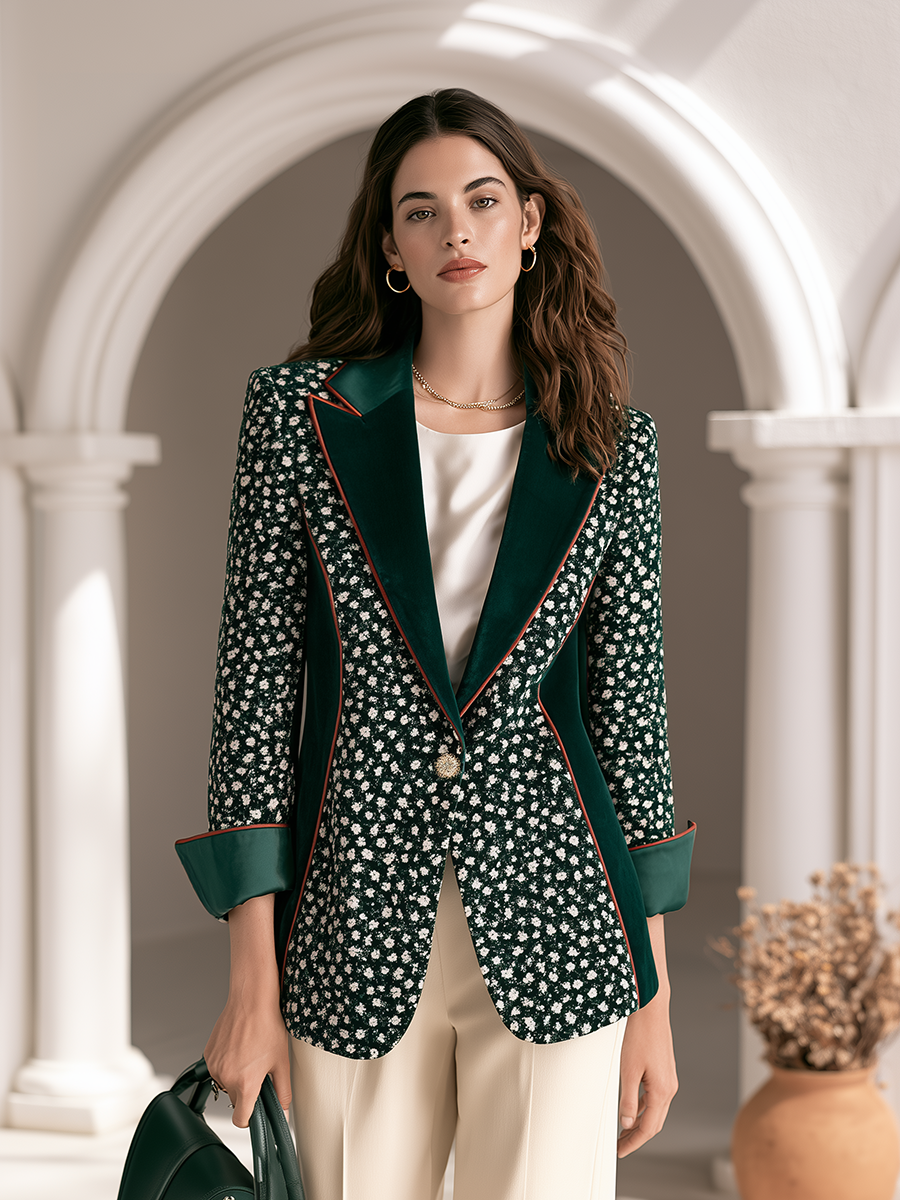 Vintage Velvet Trim Collar Ditsy Floral Print Emerald Green Blazer