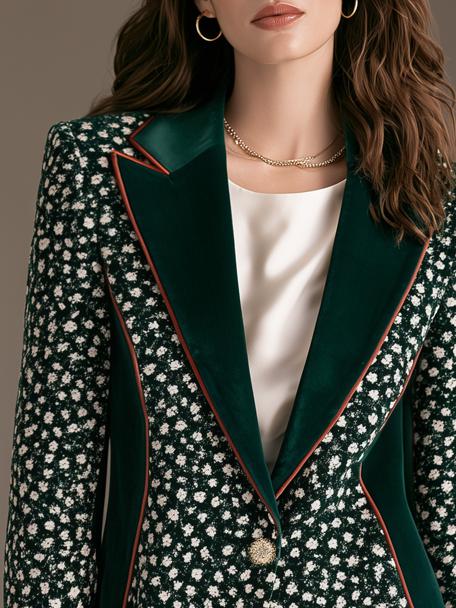 Vintage Velvet Trim Collar Ditsy Floral Print Emerald Green Blazer