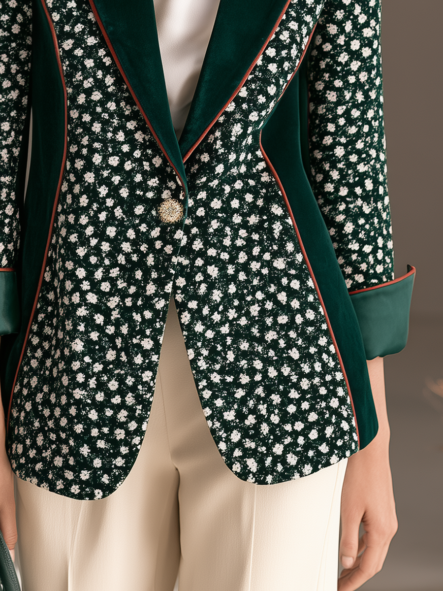 Vintage Velvet Trim Collar Ditsy Floral Print Emerald Green Blazer