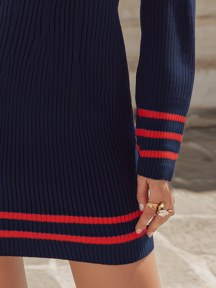 Navy Ribbed Polo-Collar Contrast-Trim Bodycon Long Sleeve Resort Knited Mini Dress