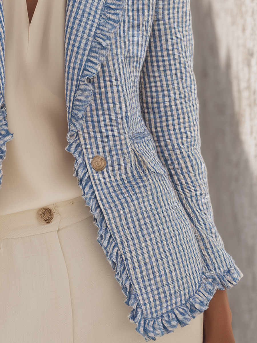 Sky Blue Gingham Ruffle-Trim Single-Button Tailored Resort Blazer