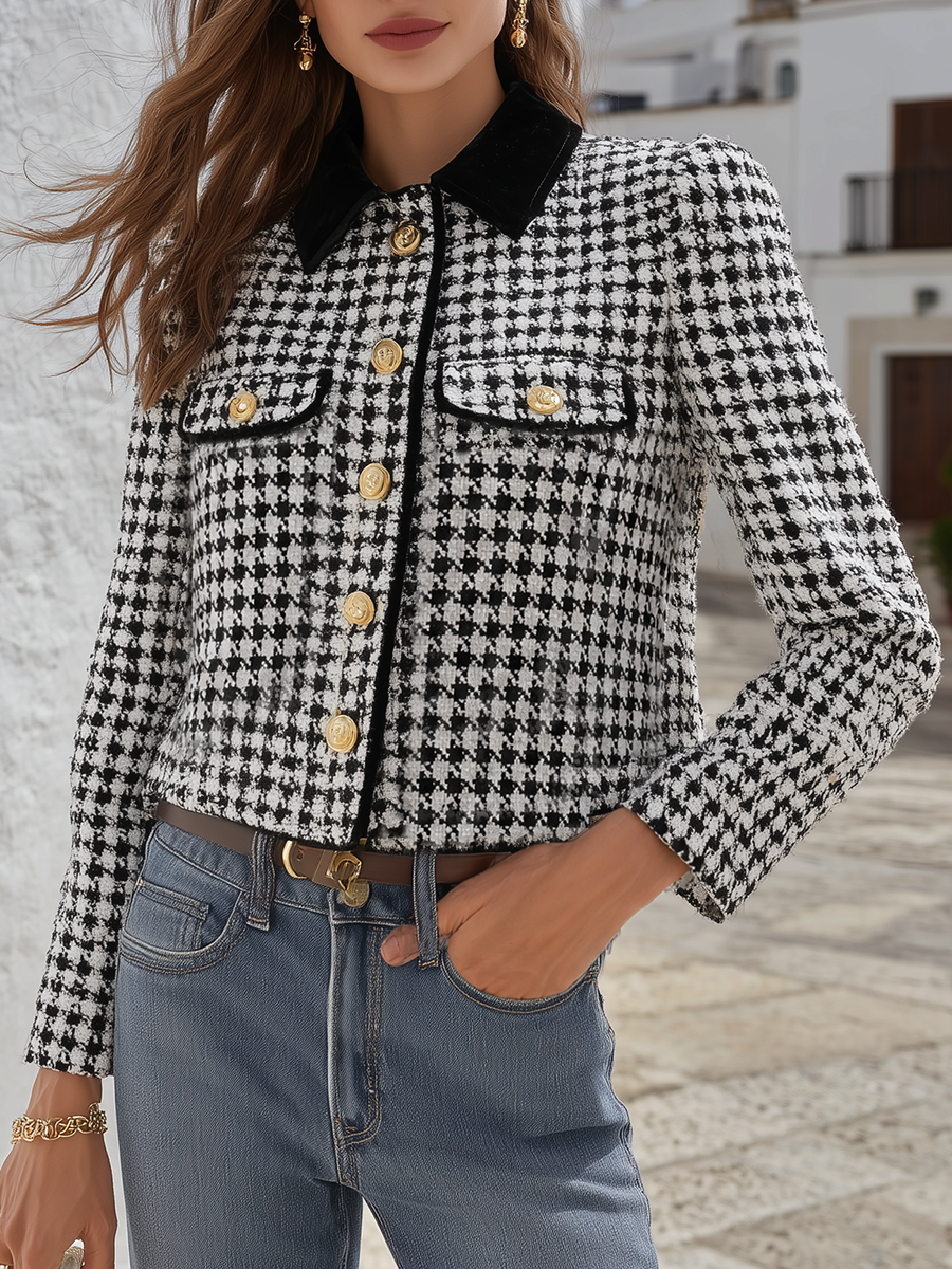 Black And Ivory Houndstooth Gold-Button Cropped Tweed Resort Jacket