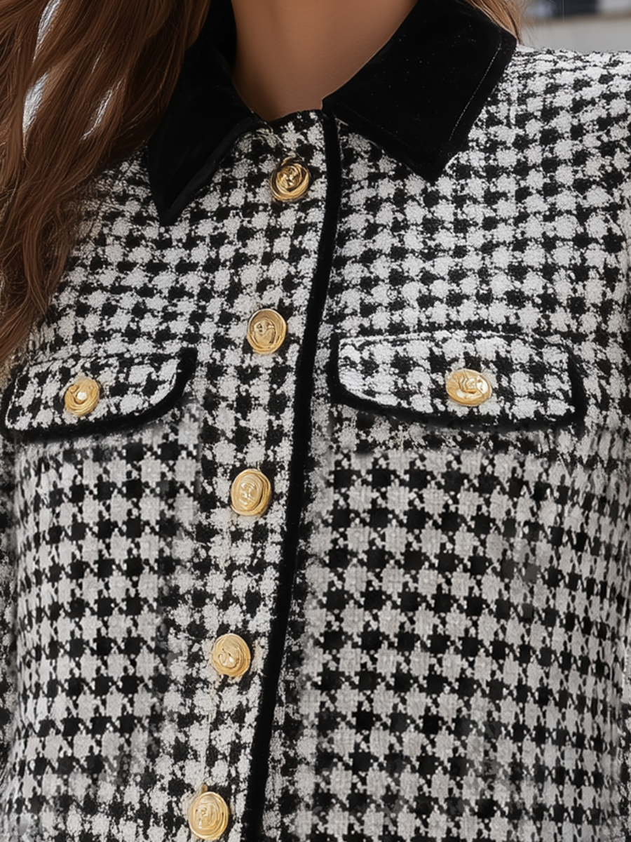 Black And Ivory Houndstooth Gold-Button Cropped Tweed Resort Jacket