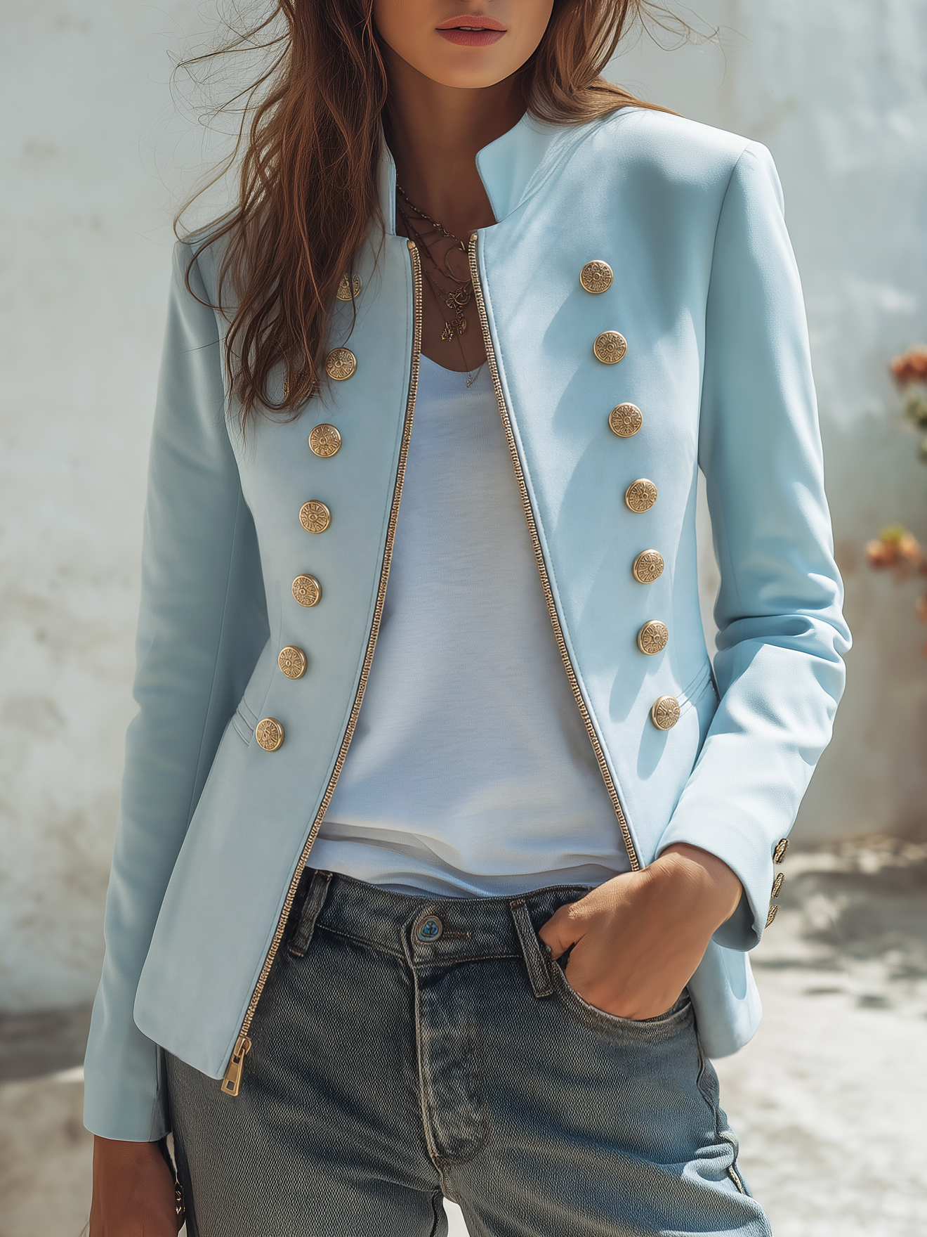 Retro Double-breasted Decorative Button Napoleon-style Stand-up Collar Jacket