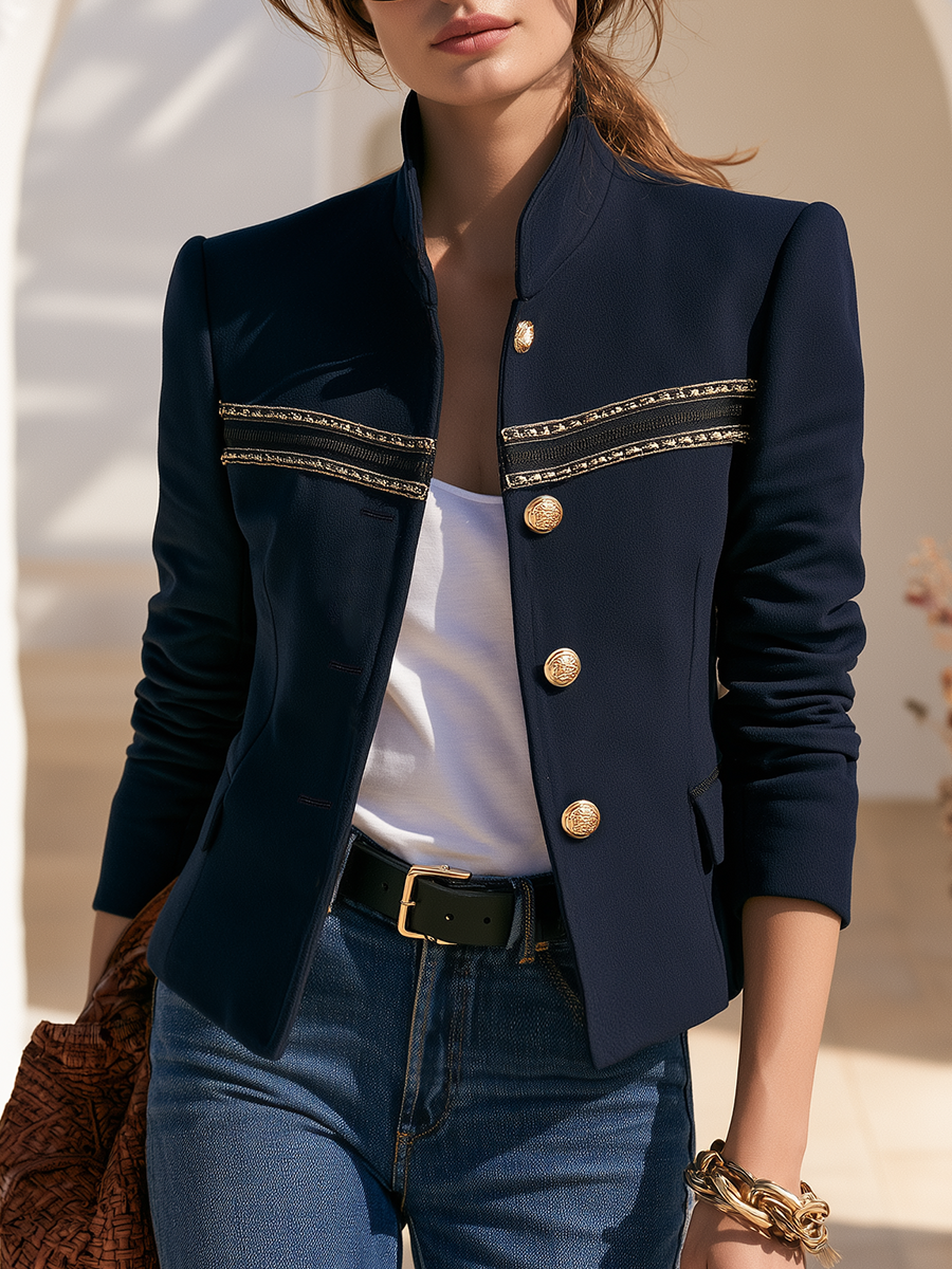 Old Money Gold Ribbon Trim Stand Collar Navy Jacket